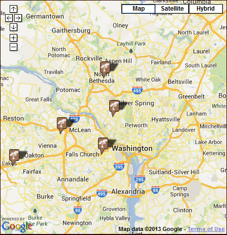 Map of Washington DC locations of PF Chang's restaurant
