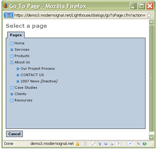 Select a page dialog box