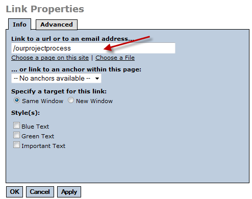 Link properties dialog box