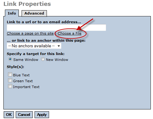 Link properties dialog box