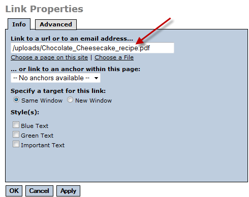 Link properties dialog box