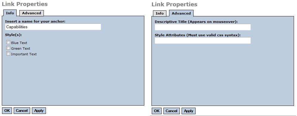 Link properties dialog box