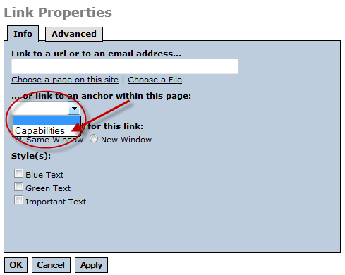 Link properties dialog box