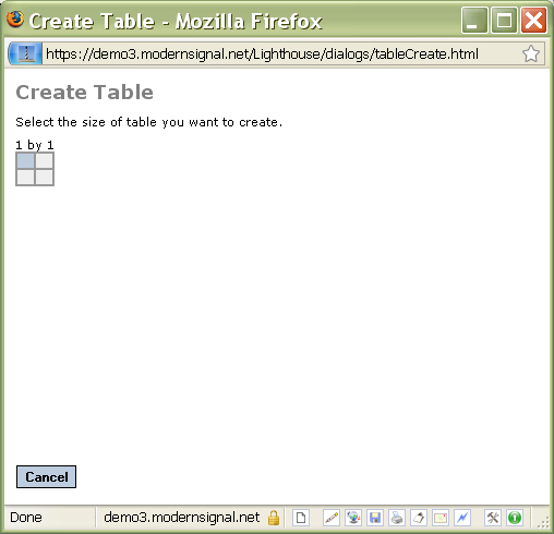 Create table dialog box