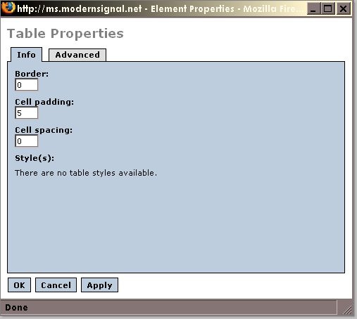 Table properties dialog box