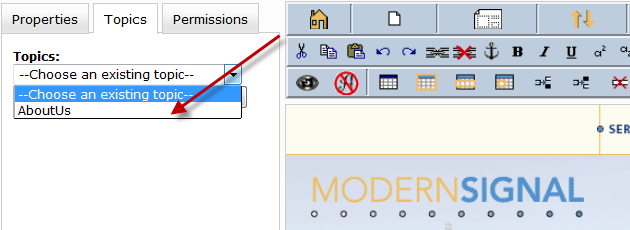 Choosing a topic from site editor