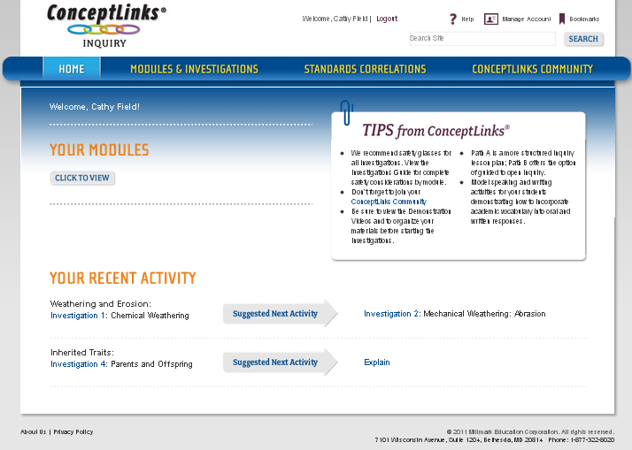 MIllmark ConceptLinks Inquiry members can view and manage their modules and recent activity.