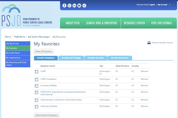 Job seeker favorites are easily sorted and managed through the dashboard.