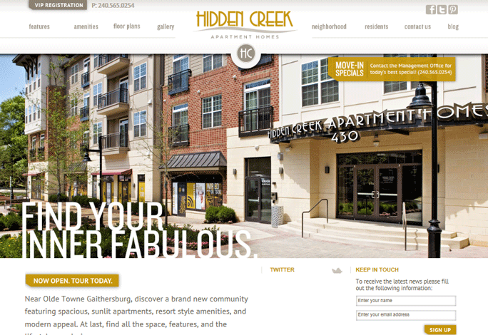 Hidden Creek Apartments website with photo gallery and floorplan integration with VaultWare